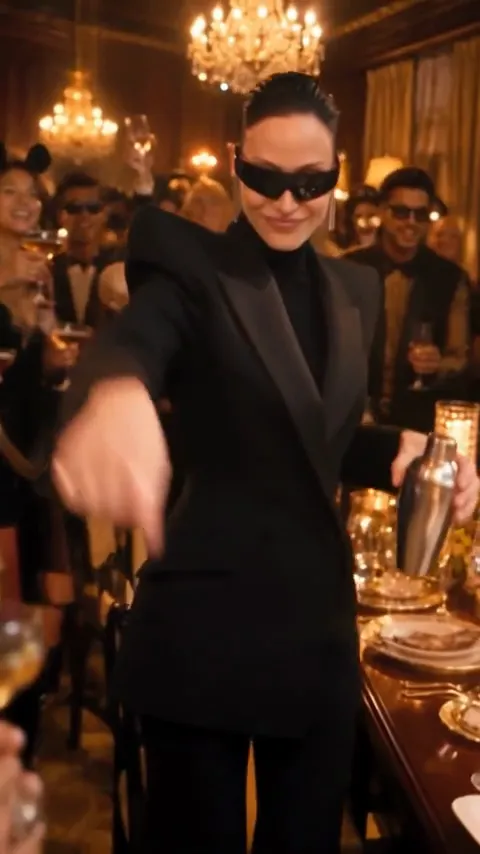 Drake Burning Bridges AI remix: a woman in sunglasses and a black suit does the Where she at move